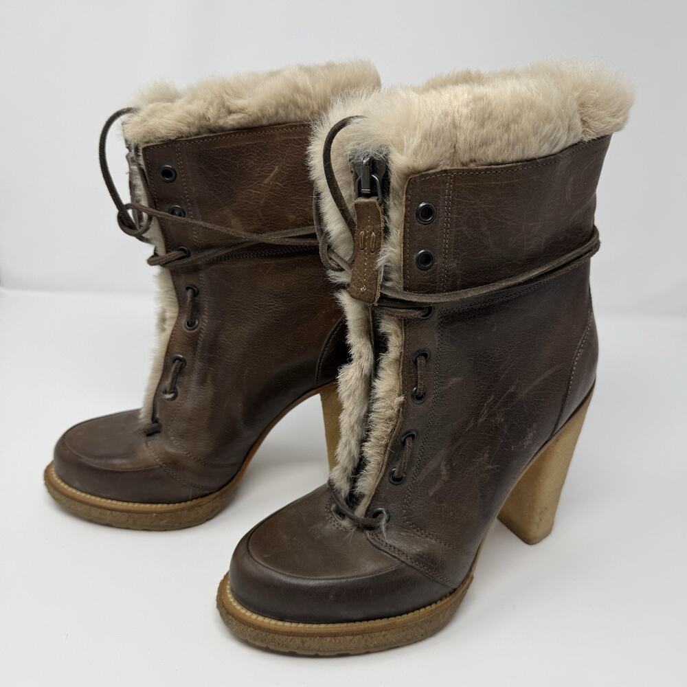 Buttero $890 Brown Leather Fur Lined Laced Block Heel Ankle Boots 38/US 8 Italy